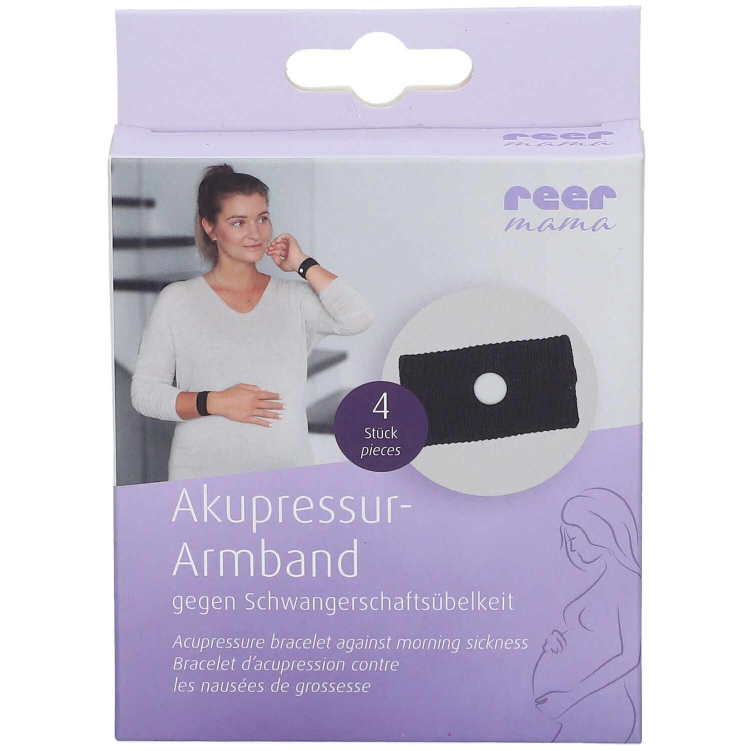 Boîte d'accupression. Bracelet noir avec trou. Inscription : reer mama, 4 pièces. Contre les nausées de grossesse.