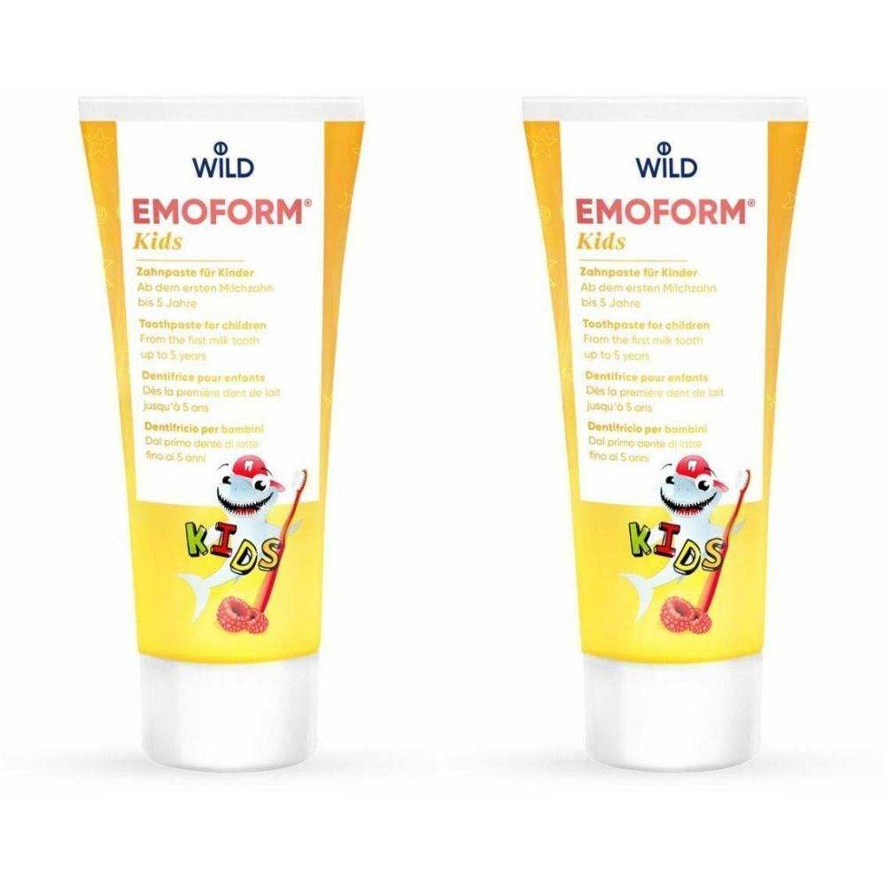Deux tubes de dentifrice EMOFORM Kids. Jaune et blanc, avec texte et illustration de requin. Pour enfants dès la première dent.