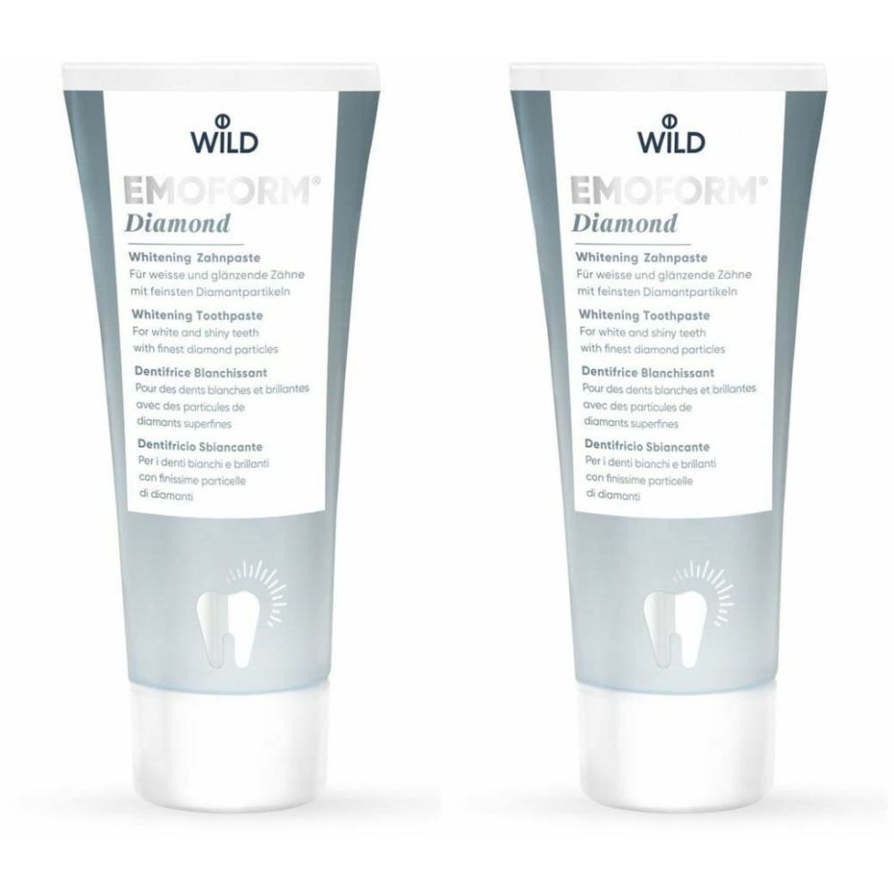 Deux tubes de dentifrice EMOFORM Diamond. Tube blanc et gris avec bouchon blanc. Logo WILD.