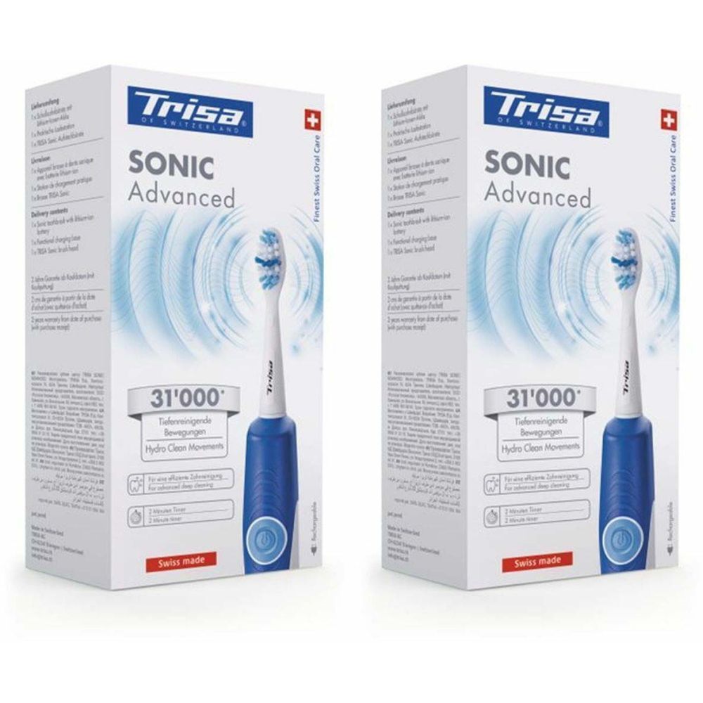 Deux boîtes de brosse à dents TRISA Sonic Advanced. Brosse à dents bleue avec tête blanche. Emballage avec nom du produit et croix suisse.