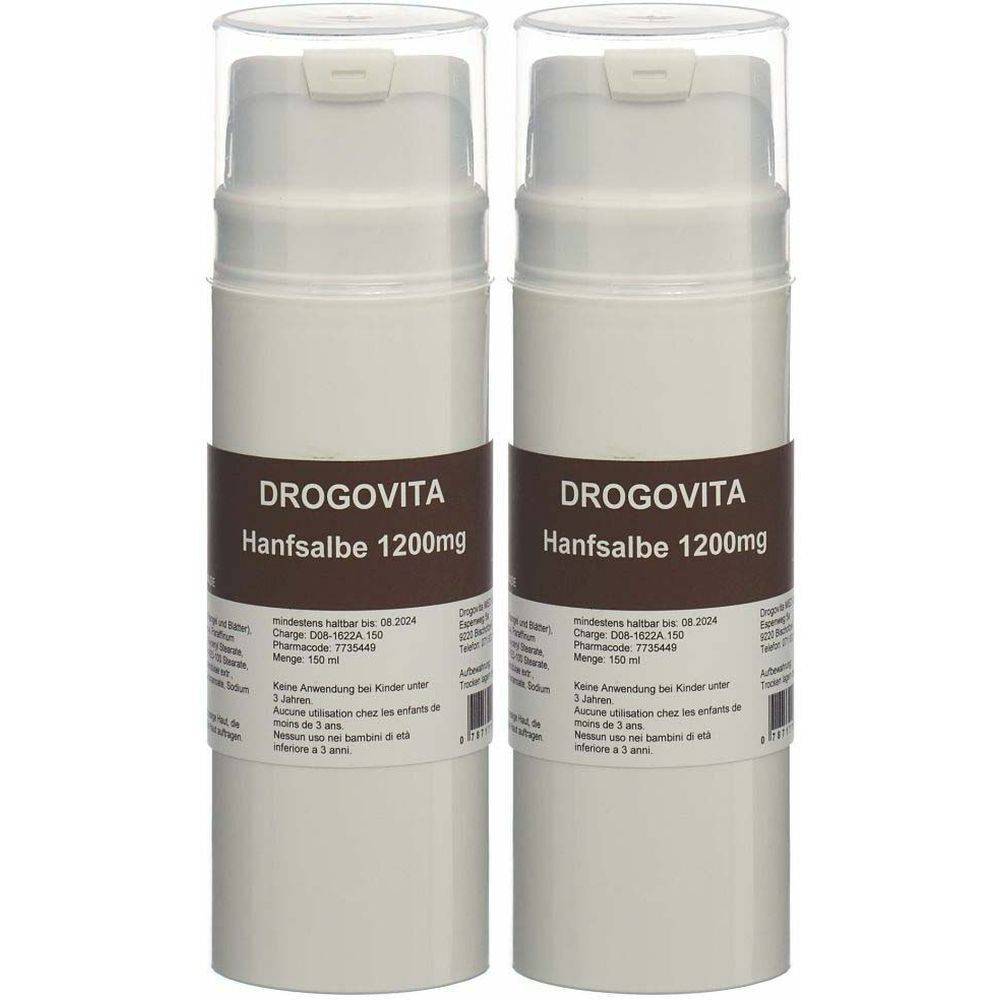 Deux crèmes blanches DROGOVITA avec étiquette marron. Inscription: DROGOVITA Hanfsalbe 1200mg. Avec couvercle transparent.