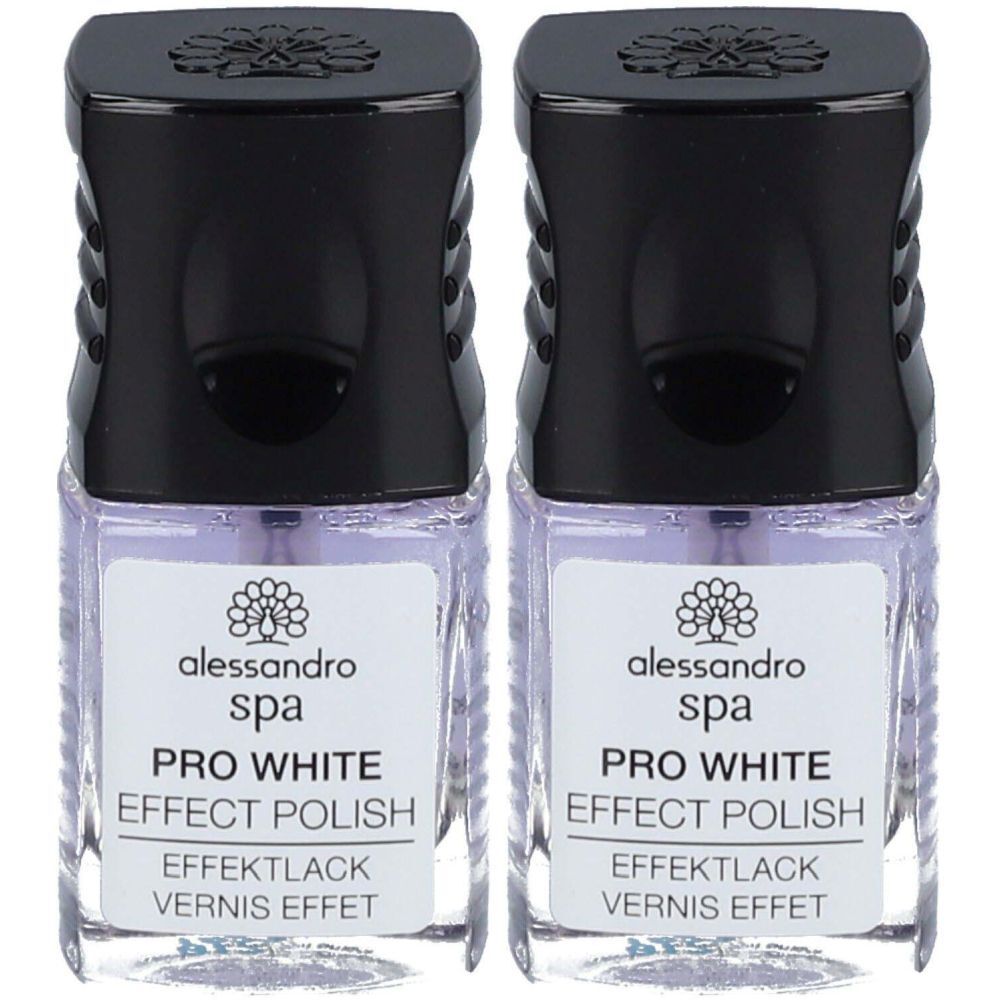 Deux flacons de vernis à ongles. Les étiquettes indiquent "alessandro spa PRO WHITE EFFECT POLISH". Bouchons noirs.