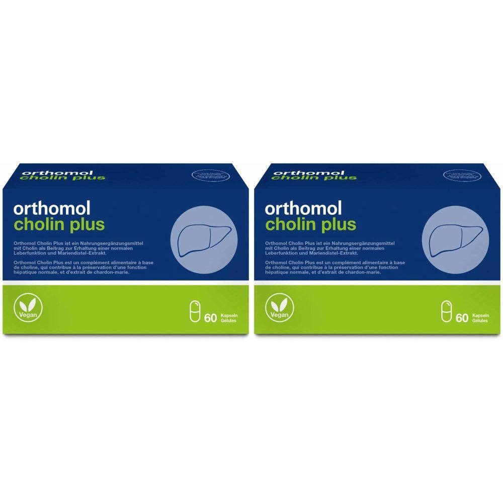Deux boîtes d'Orthomol Cholin Plus. Emballage bleu et vert avec nom du produit, illustration du foie et label végétalien. Chaque boîte contient 60 gélules.