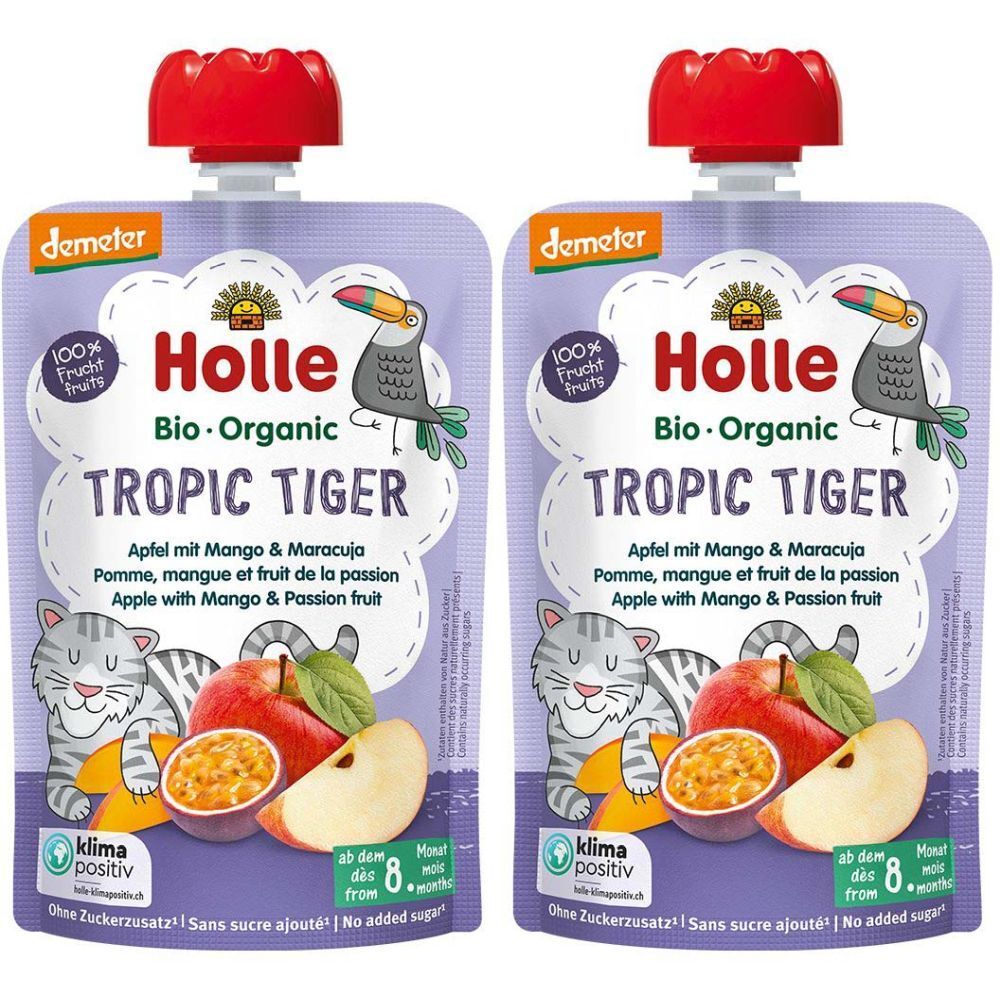 Deux gourdes HOLLE Tropic Tiger. Inscription : pomme, mangue, fruit de la passion. Fermeture rouge. Bio-Organic. Label Demeter.