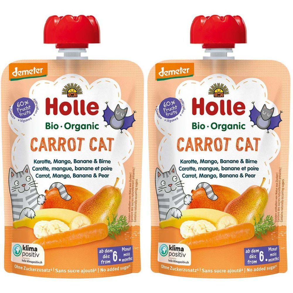 Deux sachets HOLLE Carrot Cat Bio-Organic. Inscription : Carotte, mangue, banane et poire. Fermeture rouge. Label Demeter.