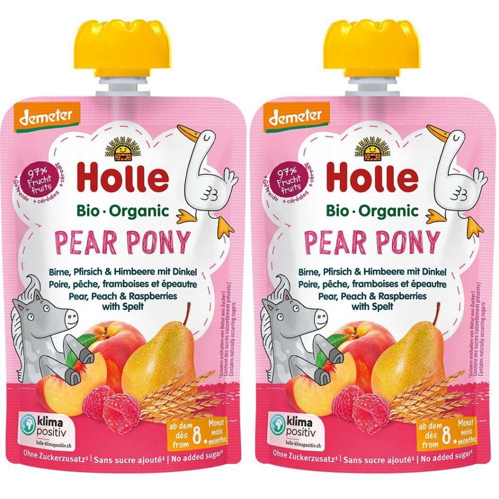 Deux sachets HOLLE Pear Pony. Emballage rose avec logo, illustrations de fruits et un cheval. Texte : Bio-Organic, Pear Pony.