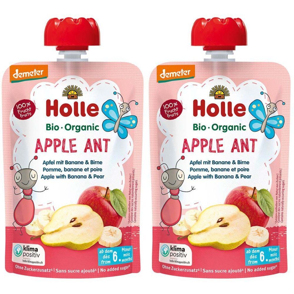 Deux gourdes avec bouchon rouge. Inscription: Holle Bio-Organic Apple Ant. Dès 6 mois. Avec pomme, banane et poire.