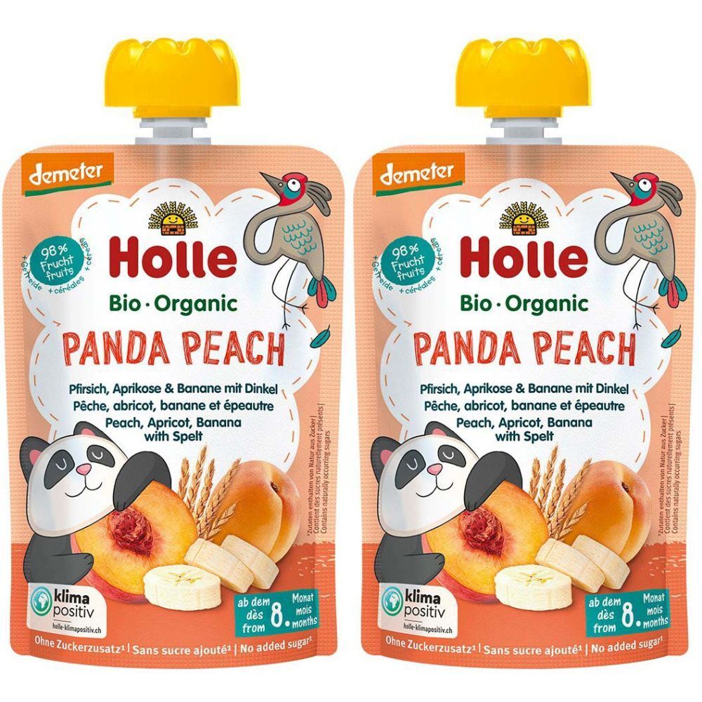 Deux gourdes avec bouchon jaune. Inscription: Holle Bio-Organic Panda Peach. Dès 8 mois. Avec pêche, abricot, banane et épeautre.