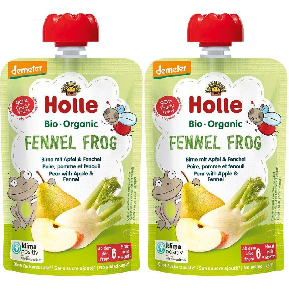 Deux sachets HOLLE Bio-Organic FENNEL FROG. Inscription : Poire, pomme et fenouil. Avec label Demeter. Bouchon rouge.