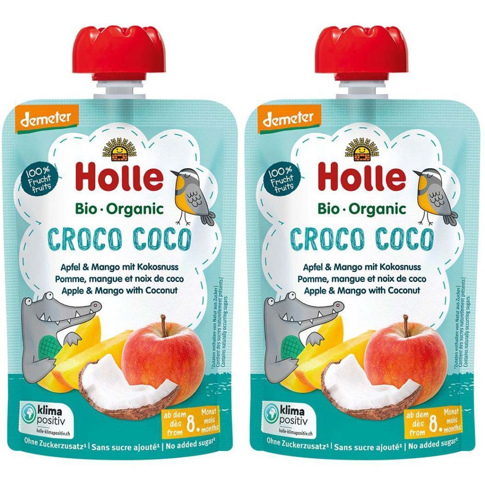 Deux sachets HOLLE Croco Coco. Inscription : Pomme, mangue et noix de coco. Avec bouchon rouge. Logo Demeter et Bio-Organic.