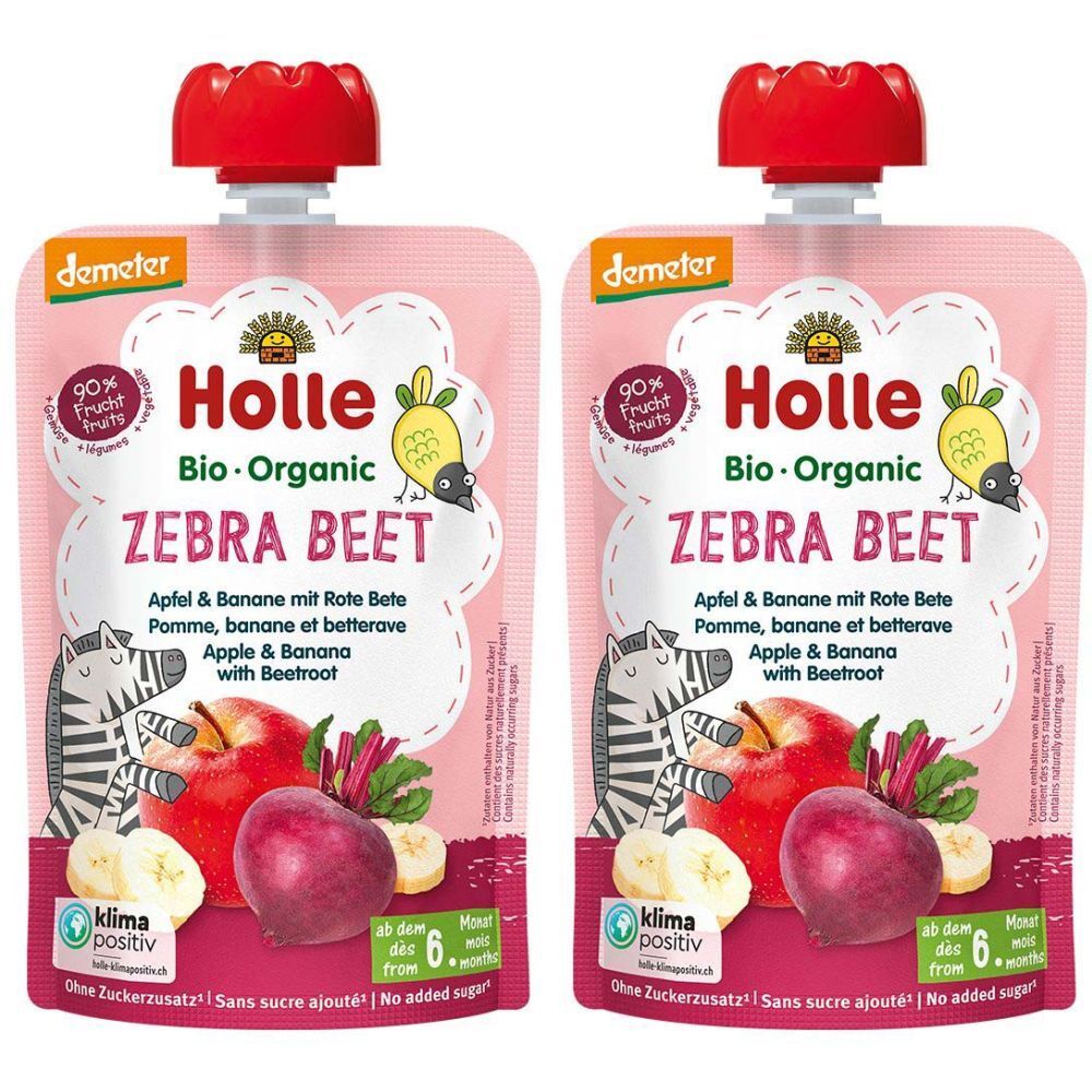 Deux sachets de nourriture pour bébé HOLLE Zebra Beet. Emballage rose avec illustrations de pomme, banane et betterave. Label Demeter.