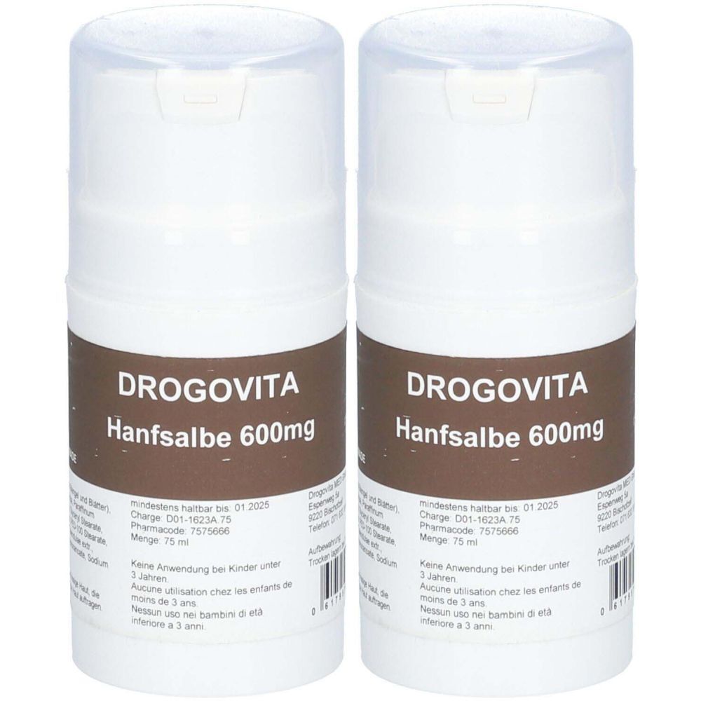 Deux pots blancs avec couvercles. Inscription: DROGOVITA Hanfsalbe 600mg. Fond marron. Texte en allemand.