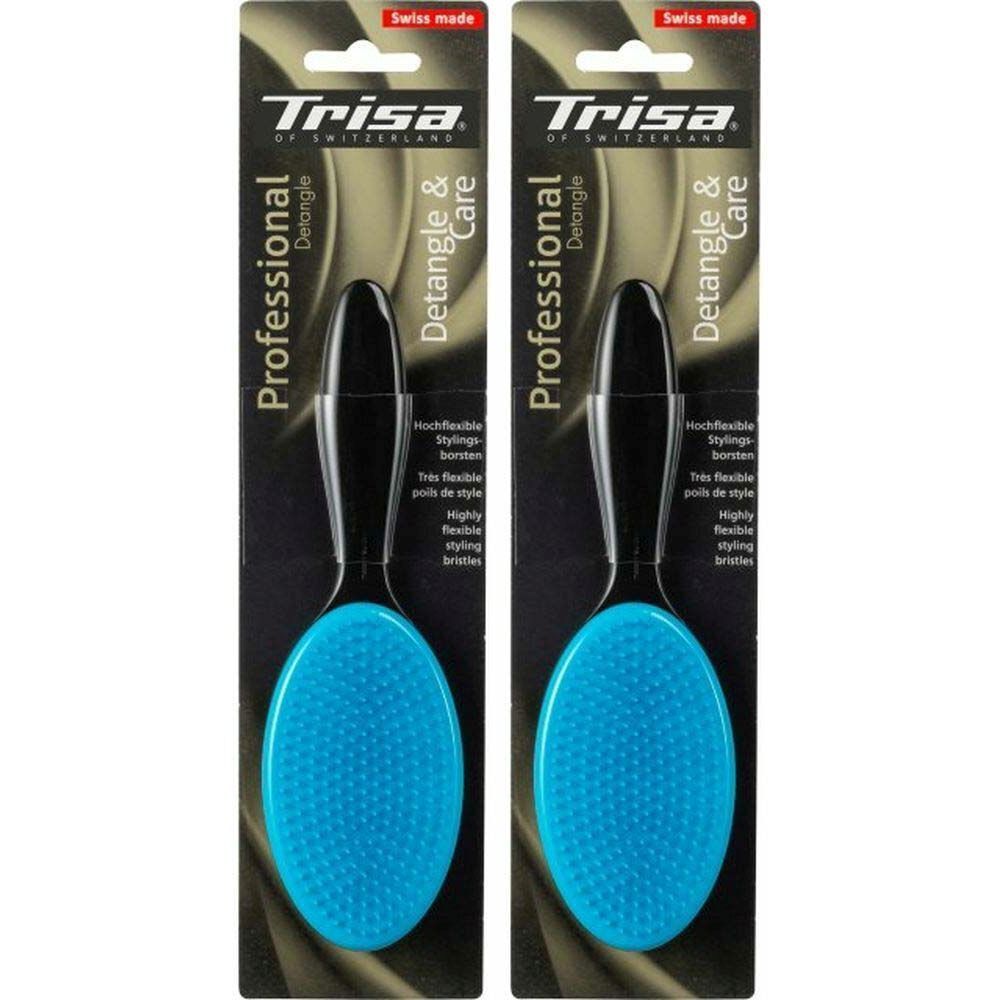 Deux brosses à cheveux bleues et noires. Emballage avec nom et logo du produit.