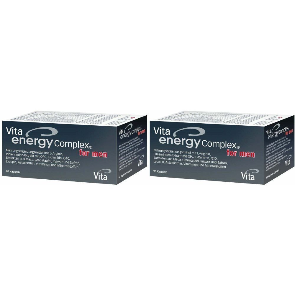 Deux boîtes de "Vita energy Complex for men". Emballage noir avec texte blanc. Contient 30 gélules.