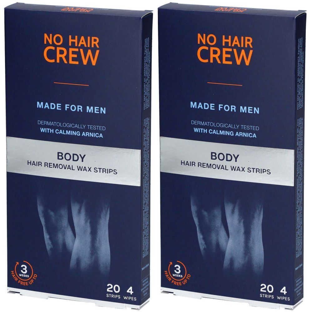 Deux boîtes bleues de bandes de cire. Inscription: NO HAIR CREW, MADE FOR MEN, BODY, testé dermatologiquement. Contient 20 bandes et 4 lingettes.