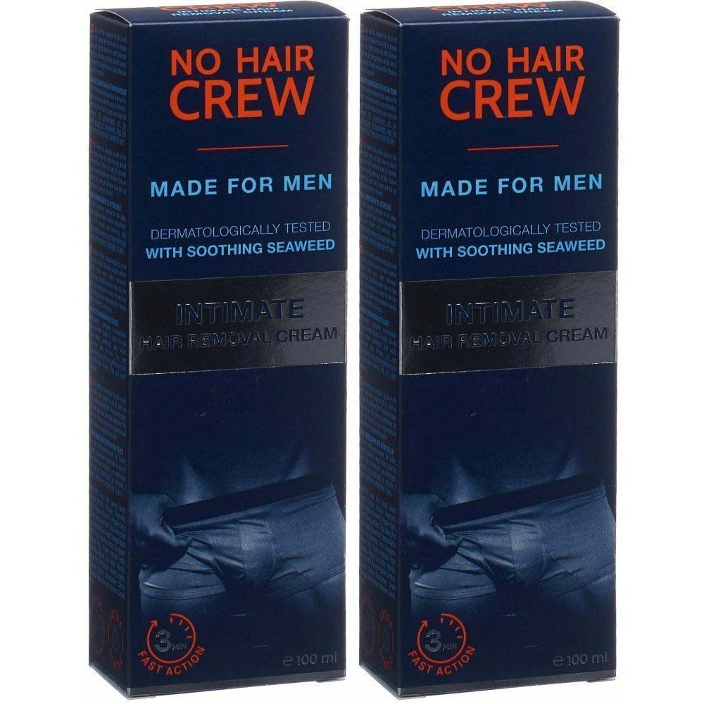 Deux boîtes bleues avec impression de produit. Inscription : NO HAIR CREW, MADE FOR MEN, crème dépilatoire intime. 100 ml.