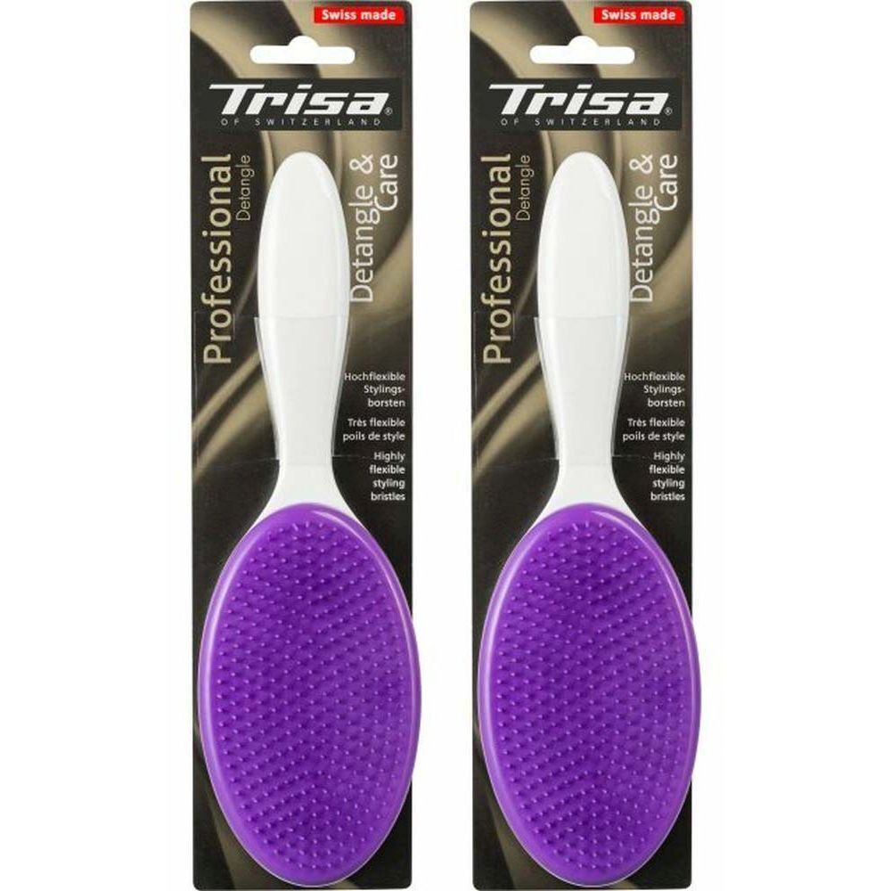 Deux brosses à cheveux avec des poils violets et un manche blanc. L'emballage indique "Trisa Professional Detangle & Care".