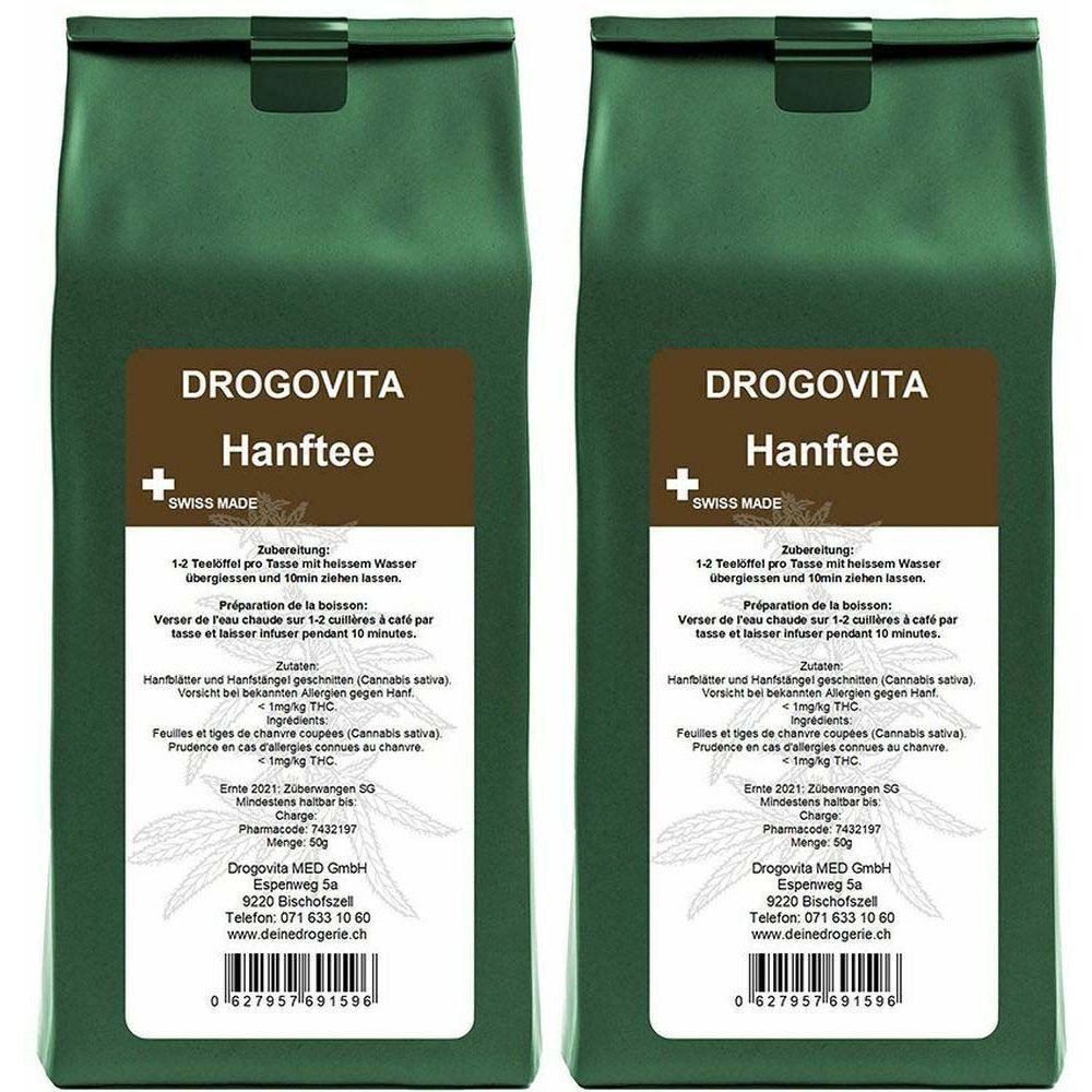 Deux sachets verts avec étiquette "DROGOVITA Hanftee". Croix suisse et texte. Ingrédients et préparation imprimés.