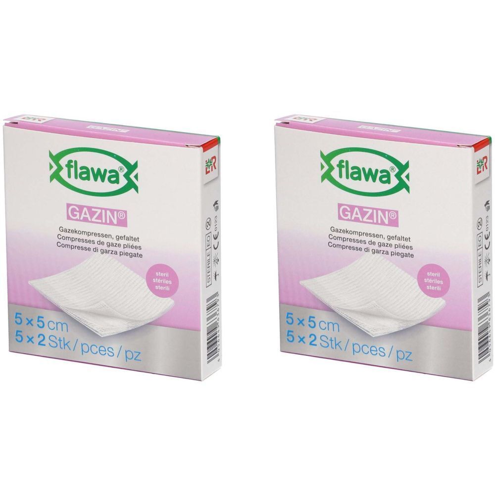 Deux boîtes de compresses FLAWA® Gazin. Inscription : 5x5 cm, 5x2 pièces. Emballage rose et blanc avec logo et nom du produit.