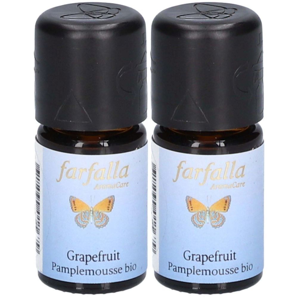 Deux petites bouteilles avec bouchons noirs. L'étiquette indique "farfalla" et "Grapefruit Pamplemousse bio".