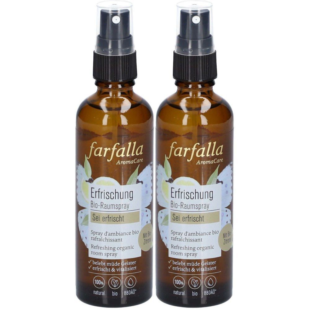 Deux flacons en verre brun avec vaporisateur. Inscription : farfalla, Erfrischung Bio-Raumspray. Contient une certification bio.