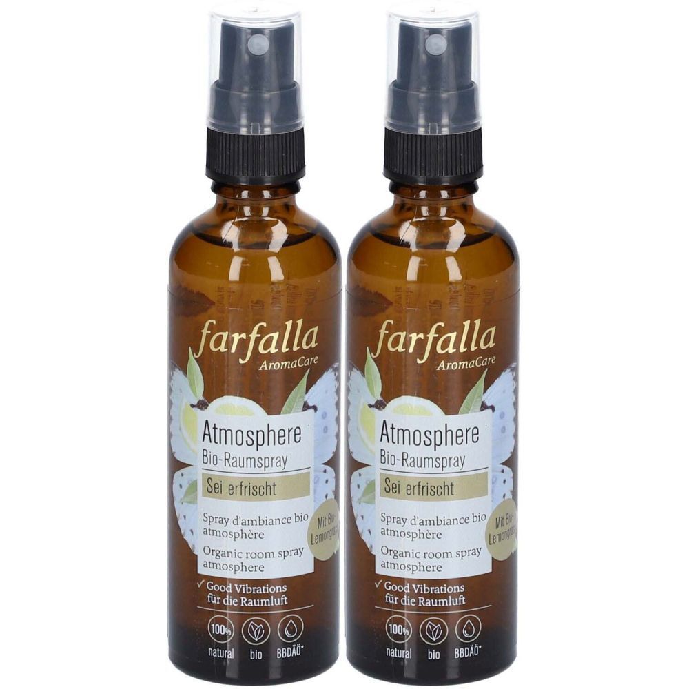Deux flacons en verre brun avec vaporisateur. Inscription : farfalla, Atmosphere Bio-Raumspray, Sei erfrischt. Avec Lemongras.