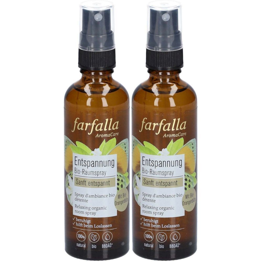 Deux flacons en verre brun avec vaporisateur. Inscription : farfalla, Entspannung Bio-Raumspray, Sanft entspannt.