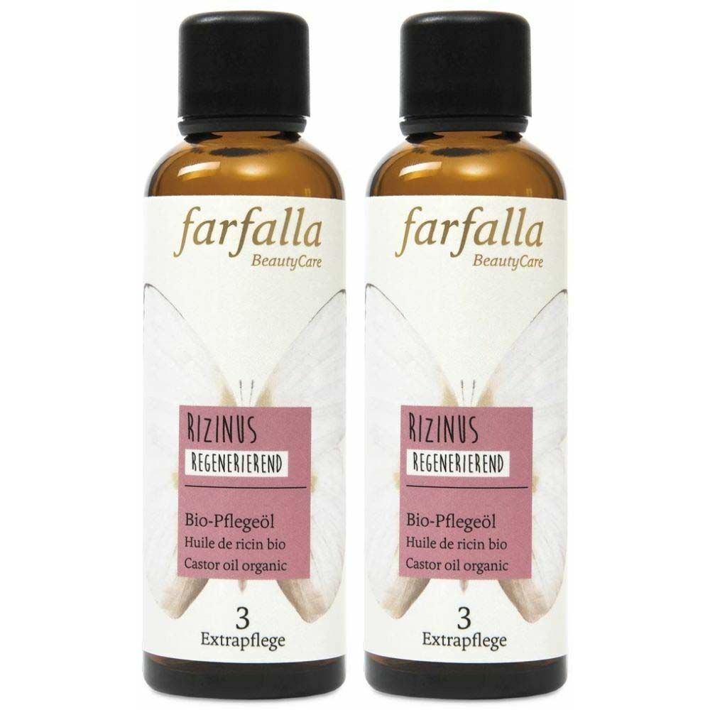 Deux flacons en verre brun avec bouchons noirs. L'étiquette indique "farfalla", "Rizinus" et "Bio-Pflegeöl".