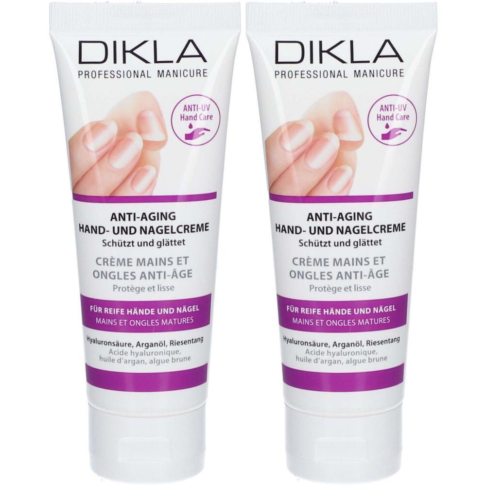 Deux tubes de crème pour les mains et les ongles. Inscription: DIKLA, Anti-Âge, Crème mains et ongles. Contient acide hyaluronique, huile d'argan et algue brune.
