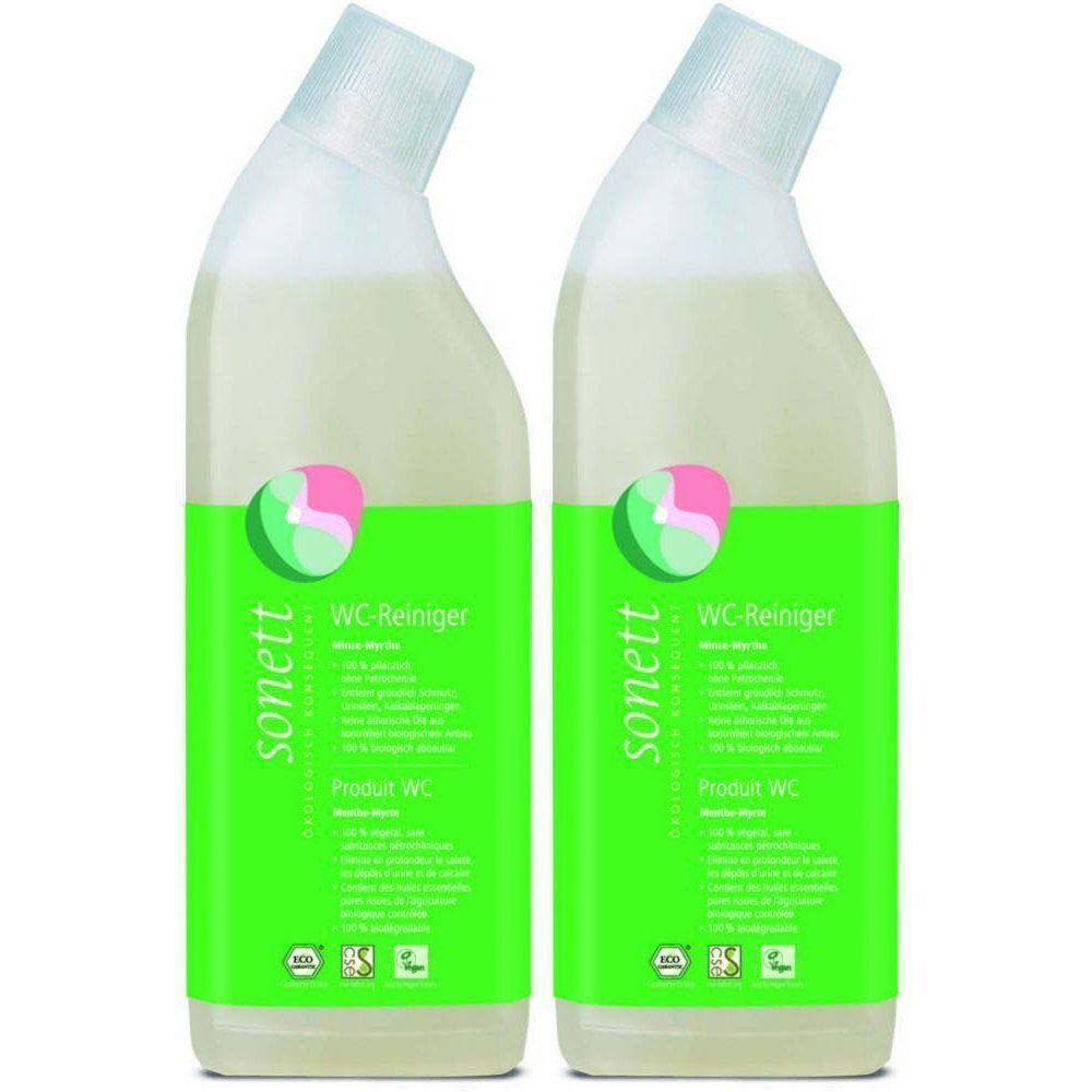 Deux flacons de nettoyant WC. Étiquettes vertes avec texte blanc. Marque : sonett. Nom du produit : WC-Reiniger Minze-Myrthe. Certifications.