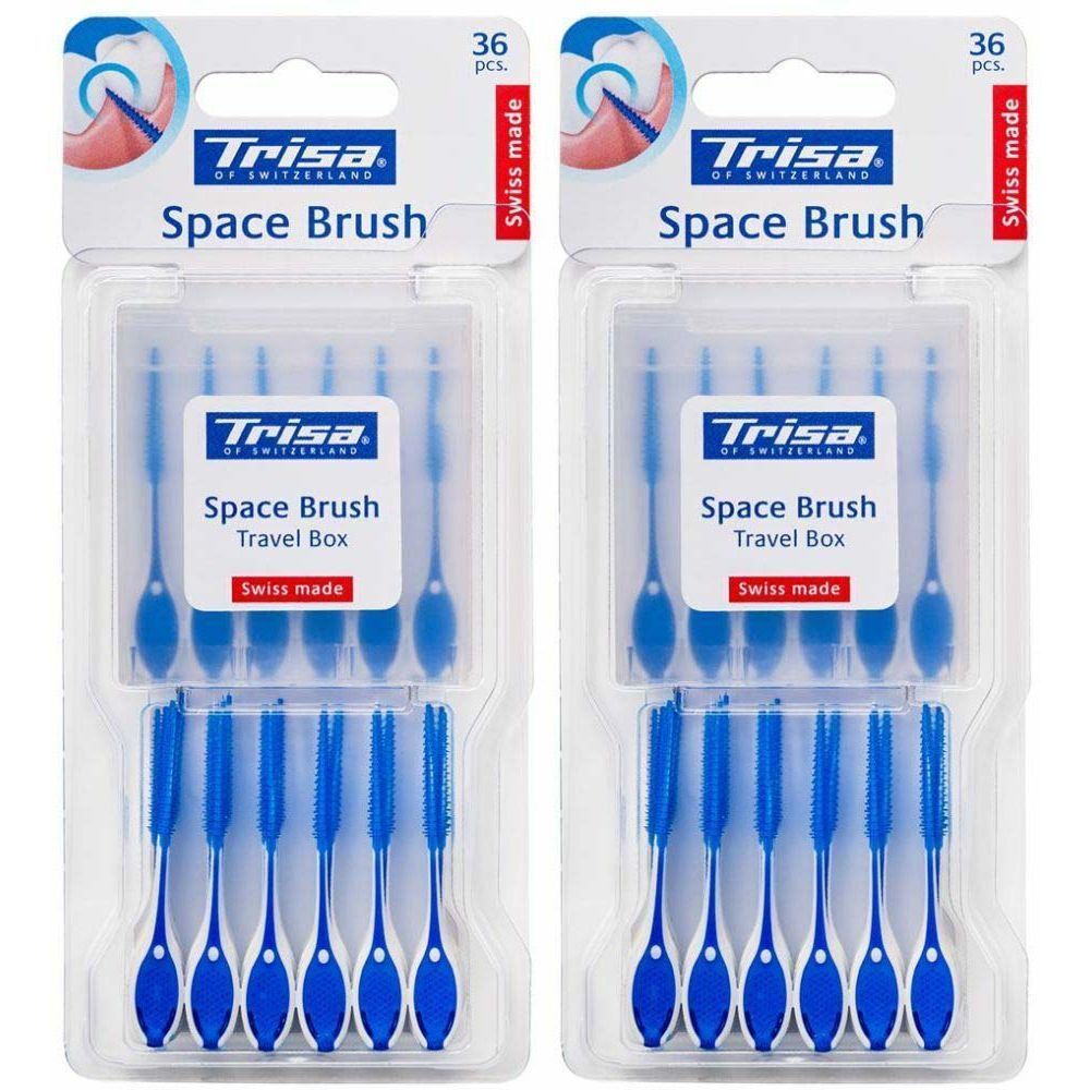 Deux paquets de brosses interdentaires Trisa Space Brush. Chaque paquet contient 36 pièces. Brosses bleues avec supports transparents.