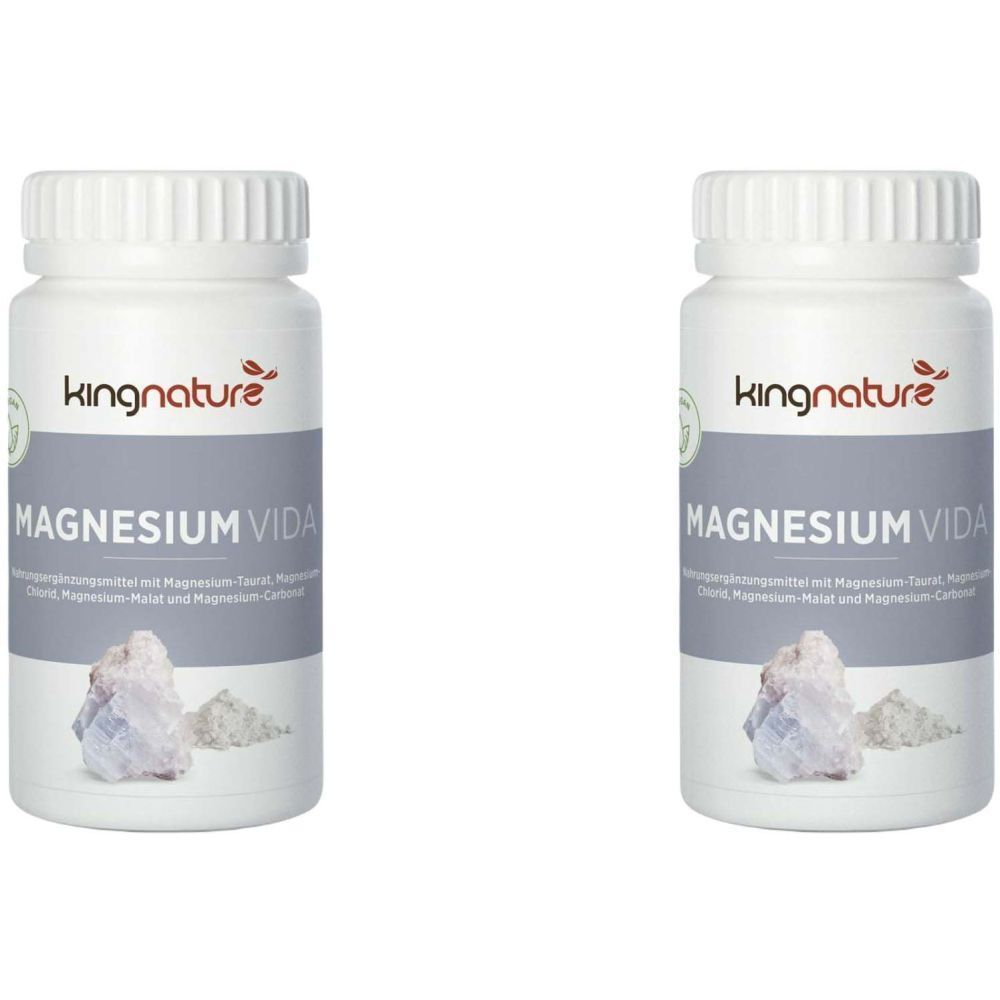 Deux flacons blancs avec bouchons à vis. L'étiquette grise porte l'inscription "MAGNESIUM VIDA" et "kingnature".