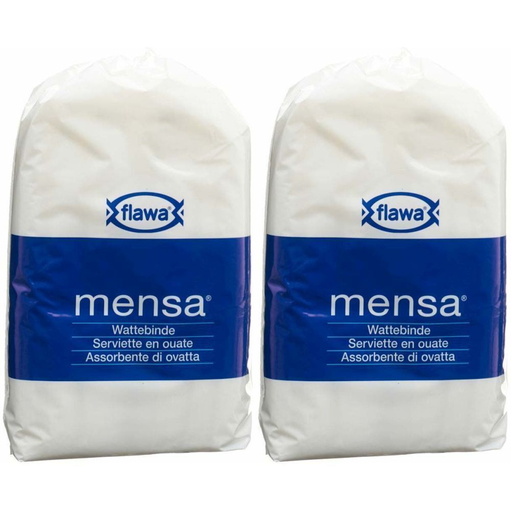 Deux paquets de serviettes en ouate. Emballage blanc avec bande bleue et inscription "mensa" et "flawa".