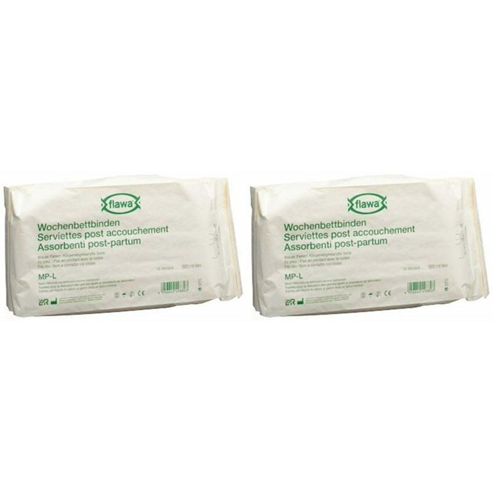 Deux paquets de serviettes post-partum flawa®. Inscription : Serviettes post accouchement, Assorbenti post-partum. Emballage blanc.