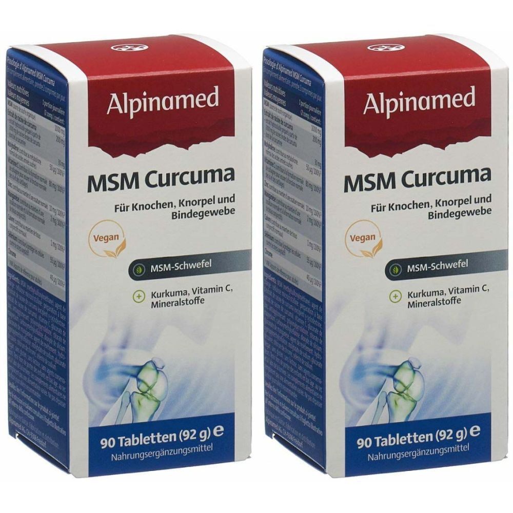 Deux boîtes ALPINAMED MSM Curcuma. Boîtes rouges et blanches avec nom et informations. 90 comprimés.