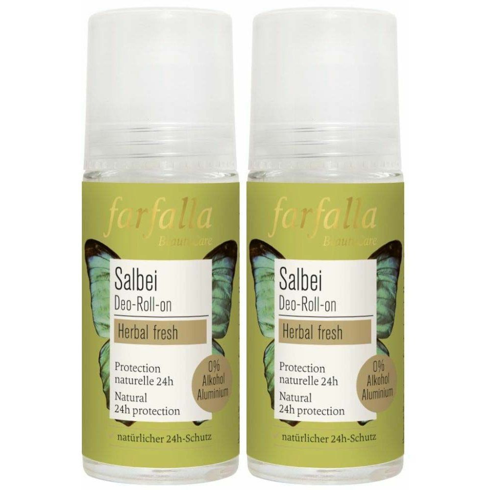Deux déodorants roll-on Salbei. Étiquettes vertes avec motif papillon et texte. Inscription : Herbal fresh, protection 24h, 0% aluminium.