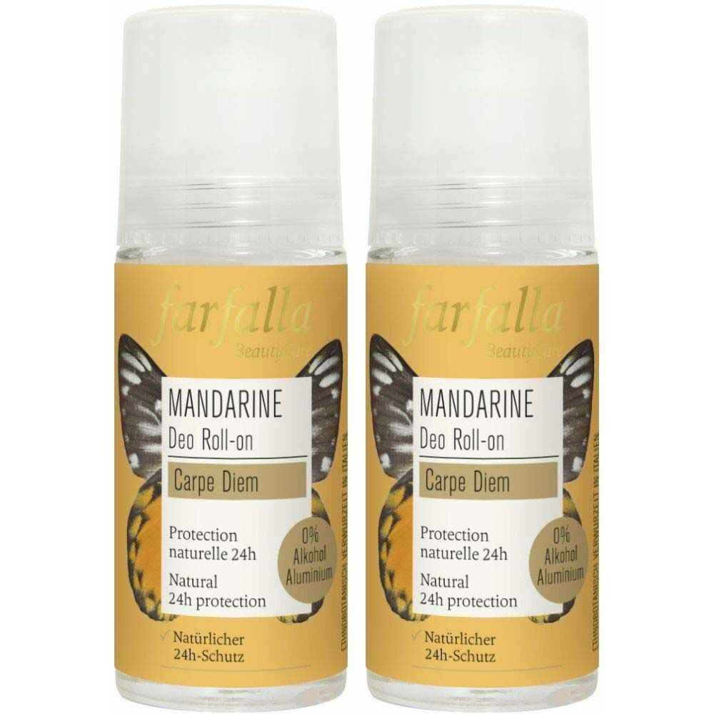 Deux déodorants roll-on à la mandarine. Inscriptions : farfalla, Mandarine Deo Roll-on, Carpe Diem, protection 24h, 0% alcool, aluminium.