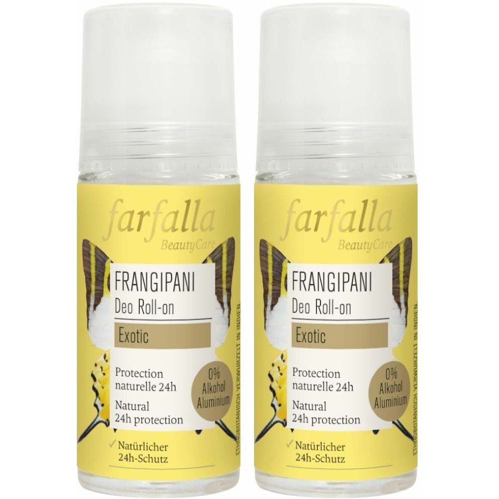 Deux déodorants roll-on farfalla BeautyCare. Étiquettes jaunes avec nom du produit FRANGIPANI, texte et logo. Flacons transparents avec bouchon blanc.