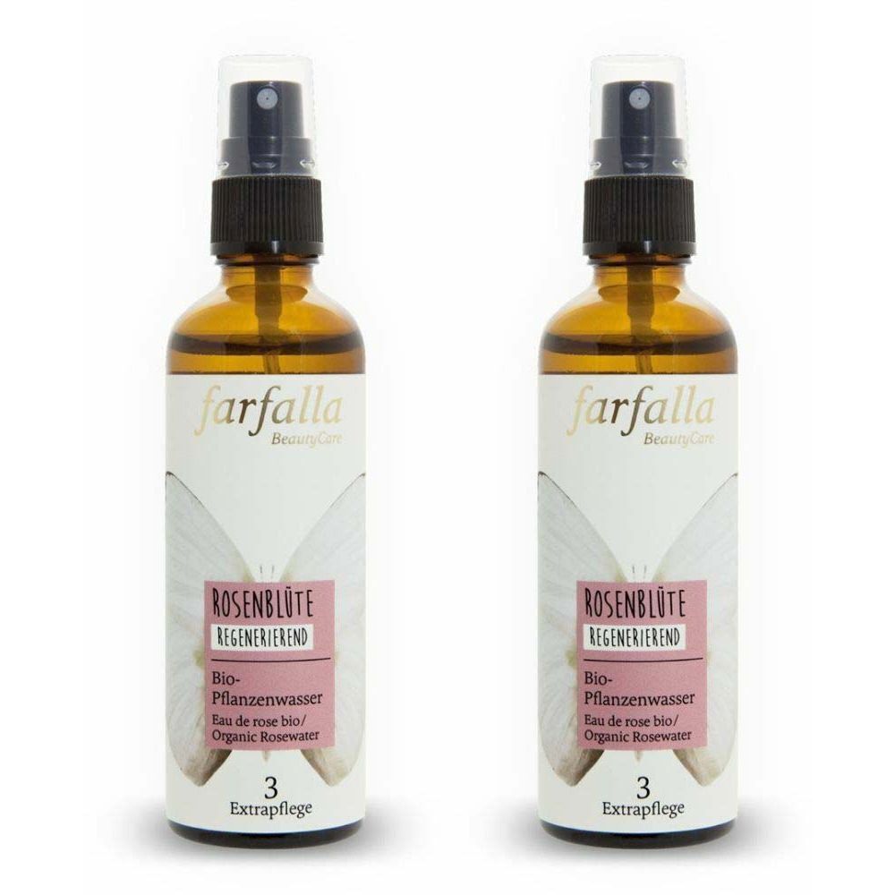 Deux flacons avec vaporisateur. Inscription : farfalla, Rosenblüte, régénérant, eau végétale bio. Flacons en verre brun avec étiquette blanche.