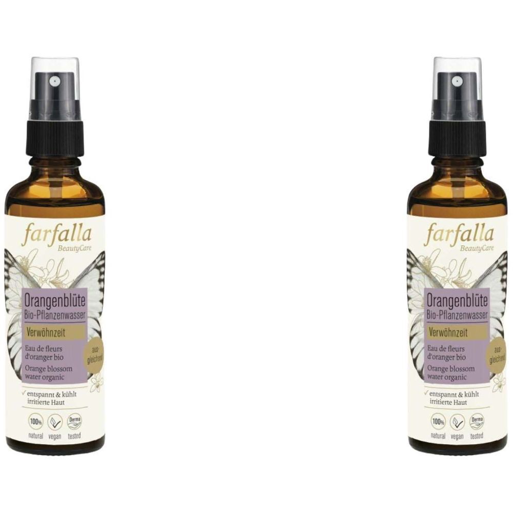 Deux flacons en verre brun avec vaporisateur. Les étiquettes indiquent "farfalla BeautyCare Orangenblüte Bio-Pflanzenwasser".