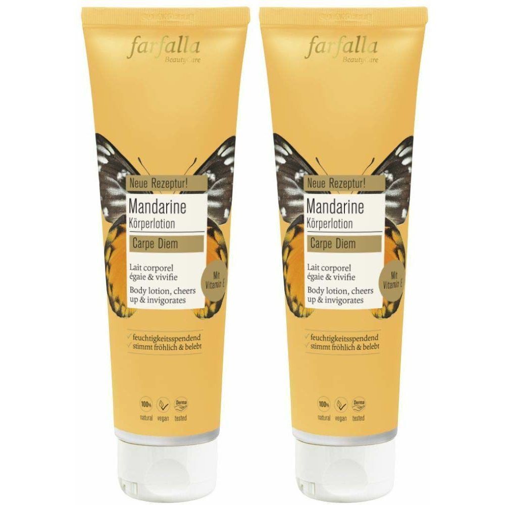 Deux tubes de lotion corporelle à la mandarine. Inscription : farfalla, Mandarine Körperlotion, Carpe Diem. Vegan.