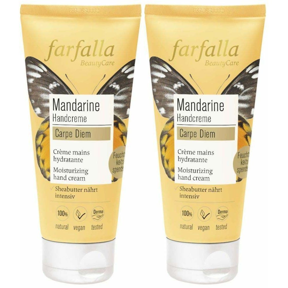 Deux tubes de crème pour les mains. Inscription : farfalla, Mandarine, Carpe Diem, hydratant. Avec logo végétalien et testé.