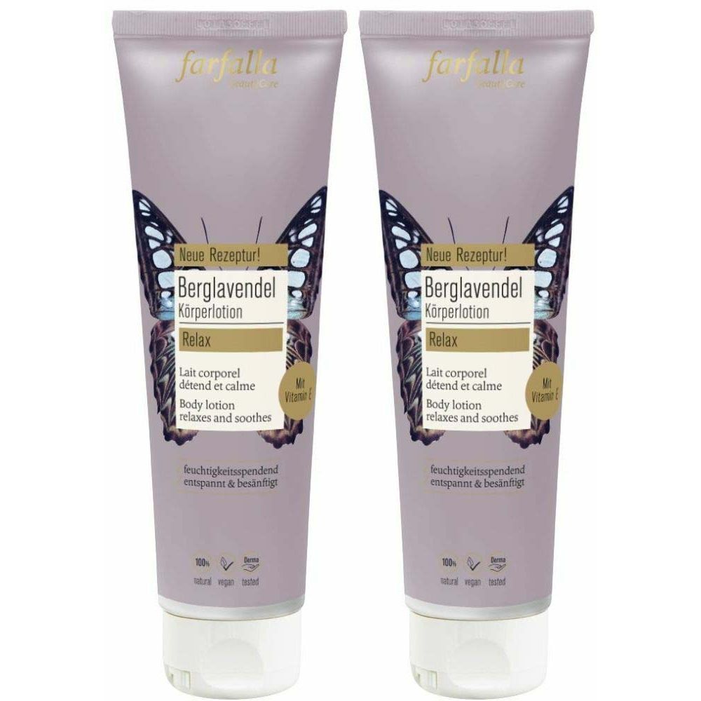 Deux tubes de lait corporel farfalla à la lavande de montagne. Inscription : Berglavendel Körperlotion Relax. Avec vitamine E. Vegan.