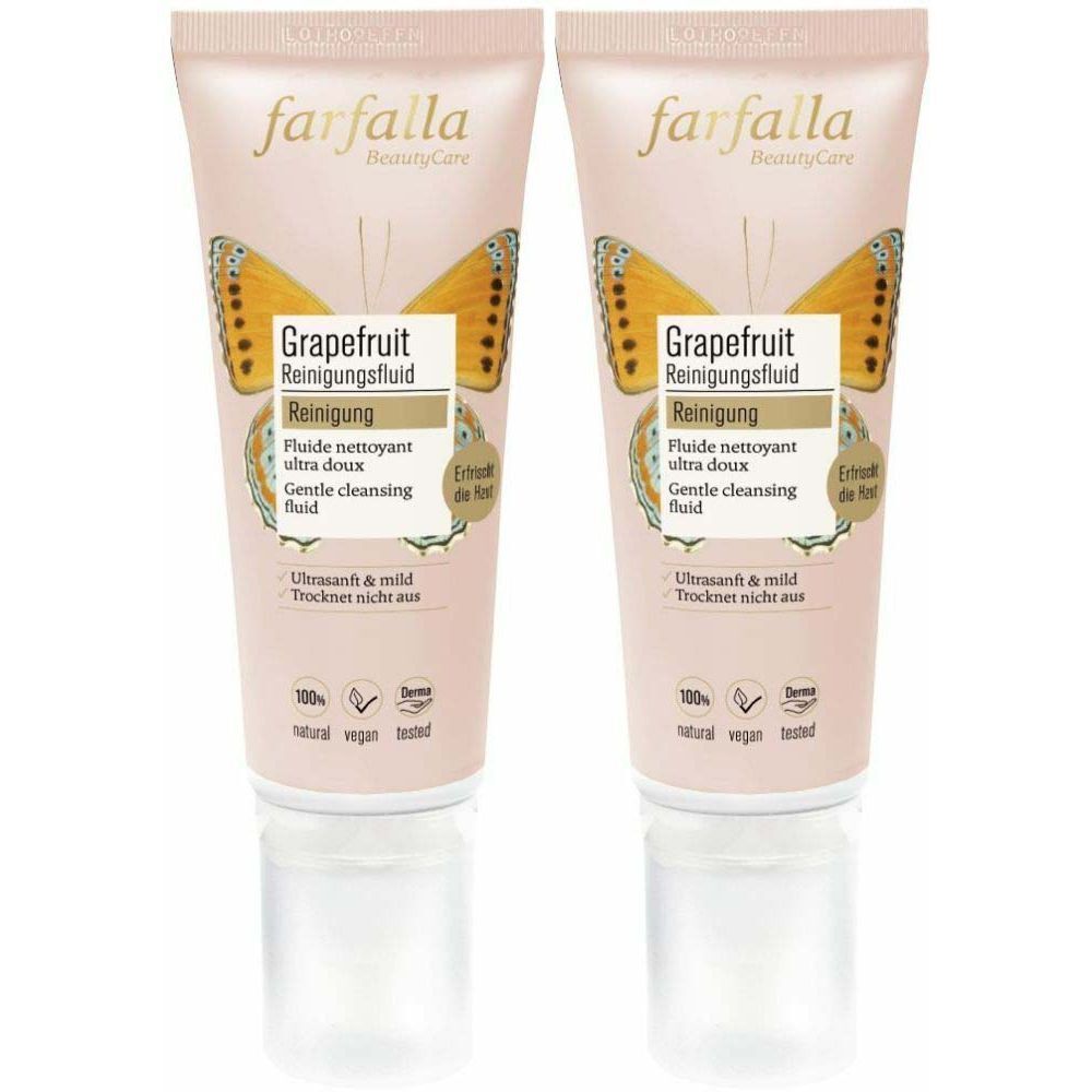 Deux tubes de fluide nettoyant à la pamplemousse. Inscription : farfalla, Grapefruit, nettoyage, ultra doux, doux. Végétalien, testé dermatologiquement.