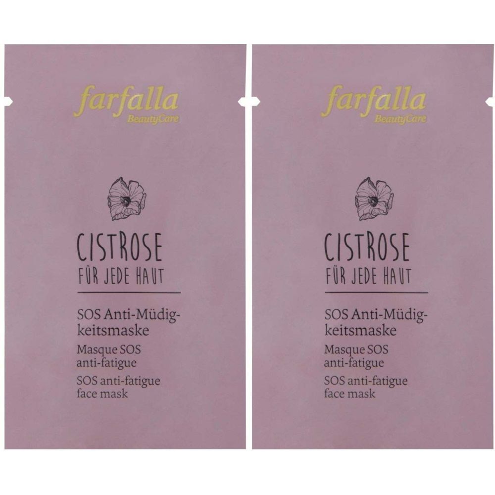 Deux sachets roses avec informations produit. En haut, "farfalla". En dessous, "CISTROSE POUR TOUTES PEAUX".