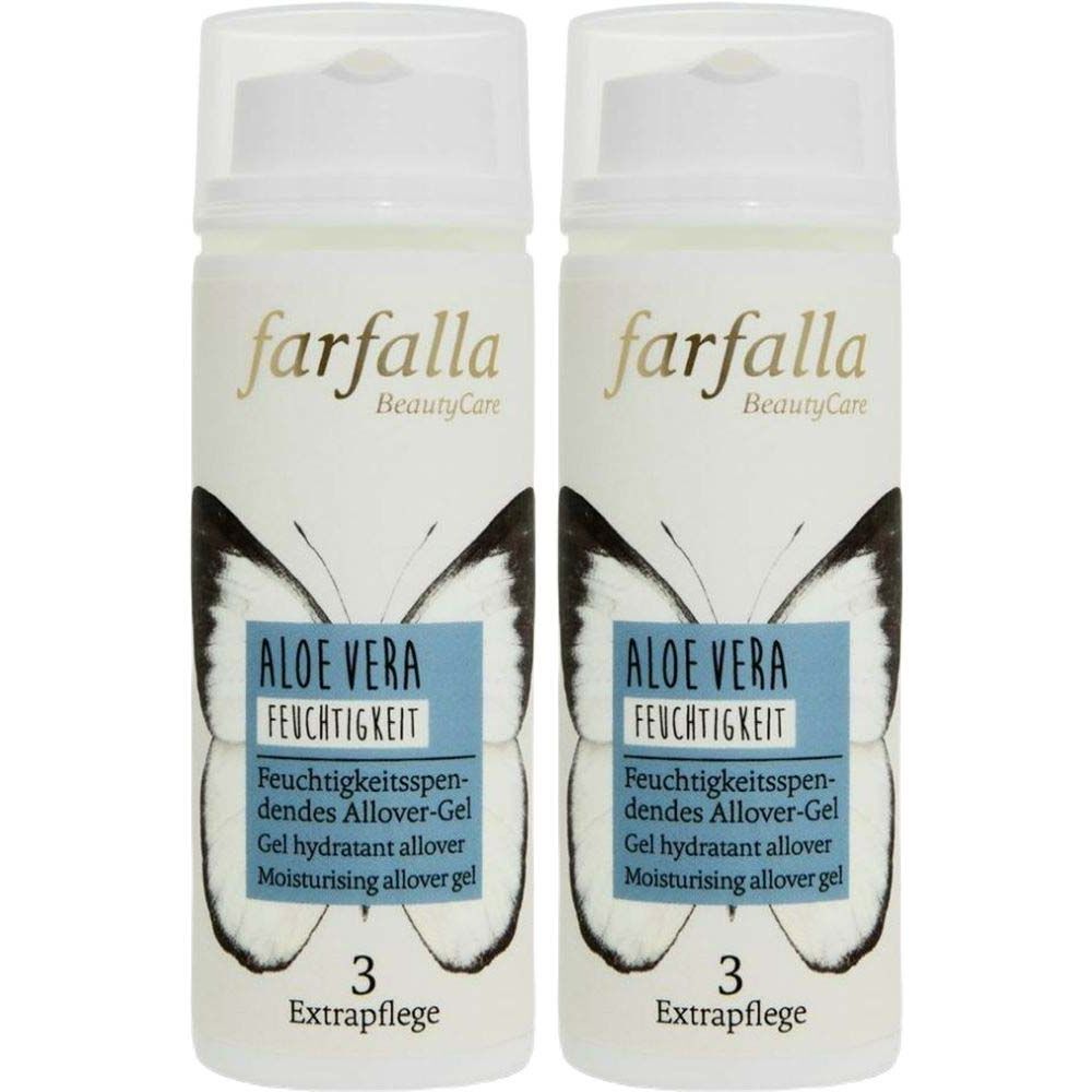 Deux flacons avec distributeur blanc. Inscription: farfalla, Aloe Vera, Hydratation. Motif papillon. Texte en allemand, anglais et français. "3 Extrapflege".