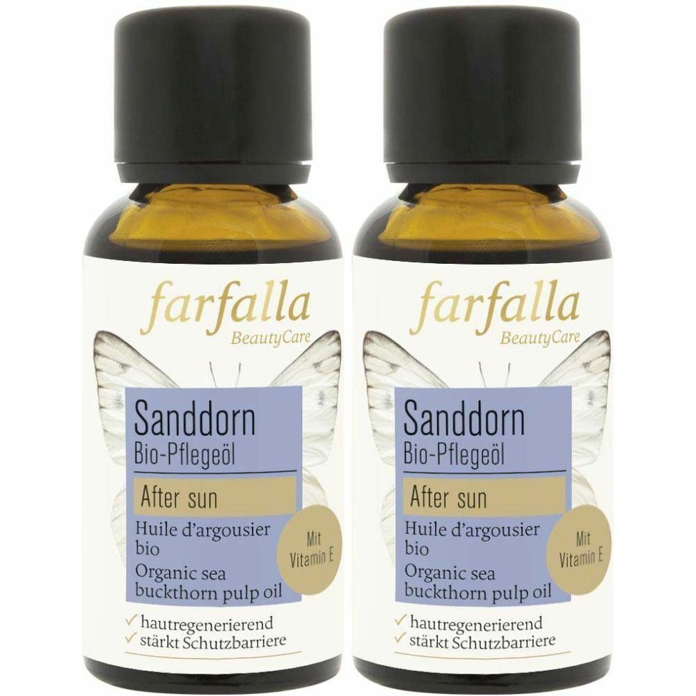 Deux flacons d'huile de soin bio d'argousier farfalla. Bouchon noir, étiquette blanche avec informations et vitamine E.
