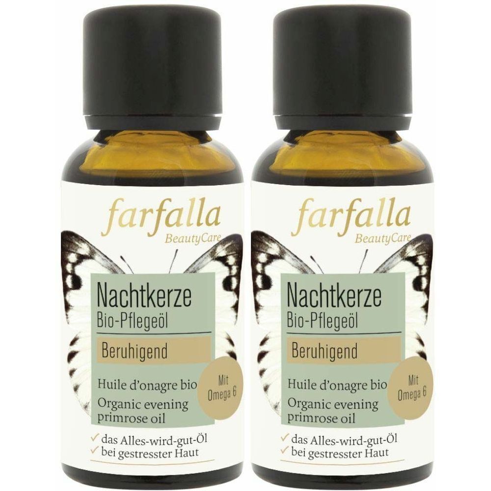 Deux flacons d'huile d'onagre bio farfalla. Huile brune dans des flacons en verre avec des bouchons noirs. Étiquette avec texte et motif papillon.