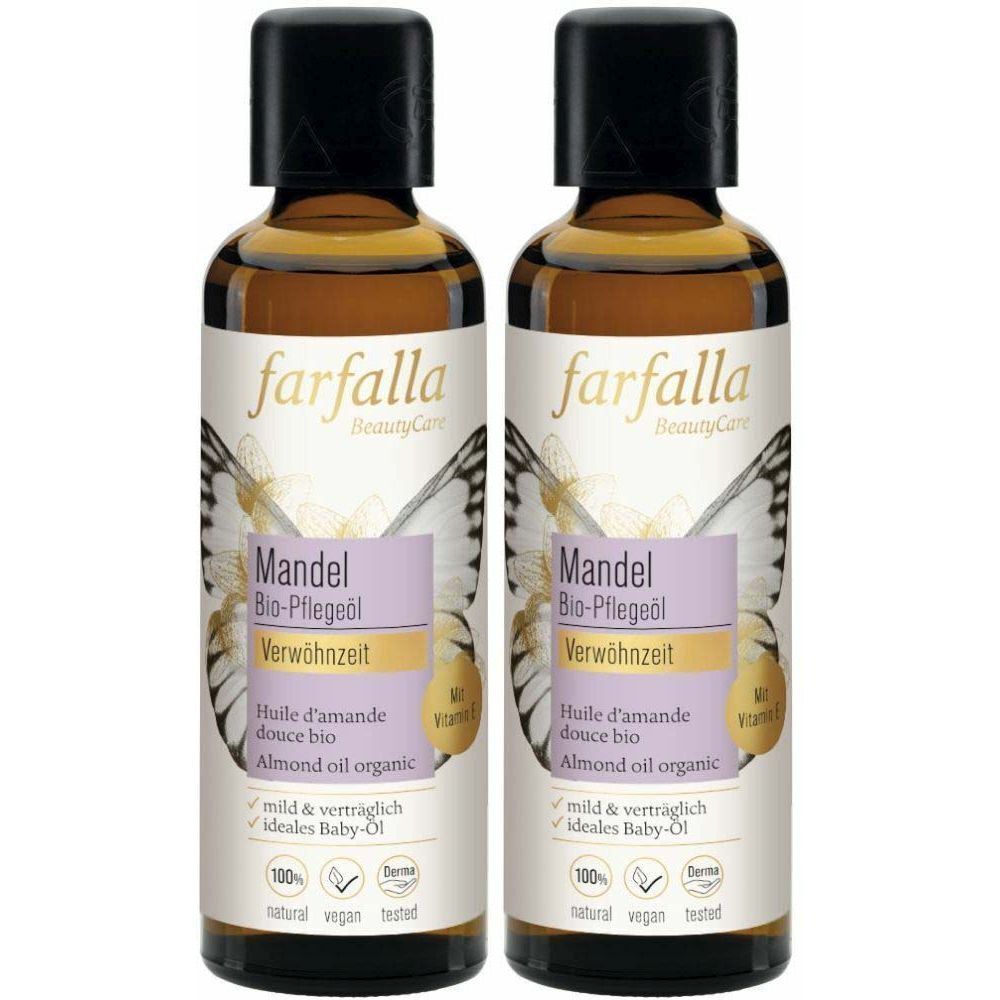 Deux flacons d'huile d'amande. Inscription: farfalla, Mandel Bio-Pflegeöl, Verwöhnzeit, Huile d'amande douce bio, Almond oil organic. Avec vitamine E. Idéal pour bébés.