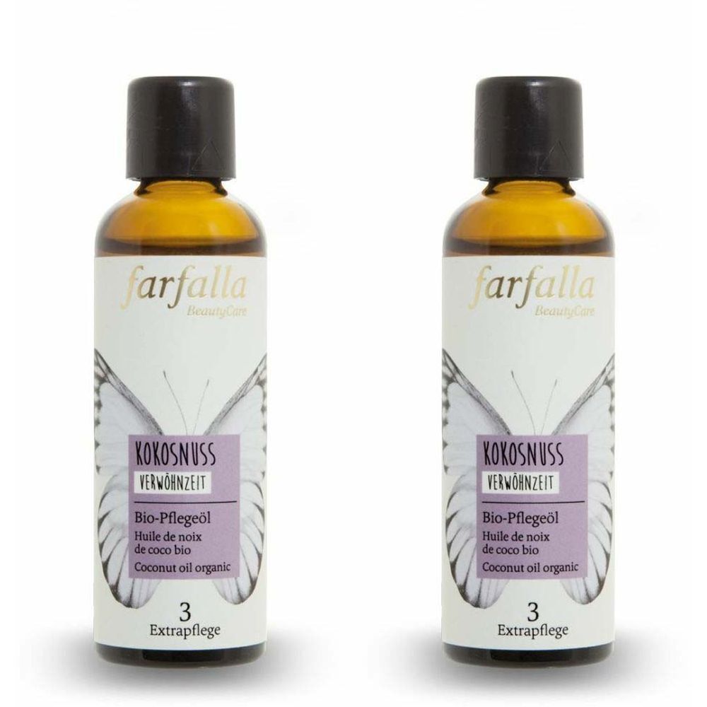 Deux flacons en verre brun avec bouchon noir. Étiquette avec logo, papillon et texte: Kokosnuss, Bio-Pflegeöl.